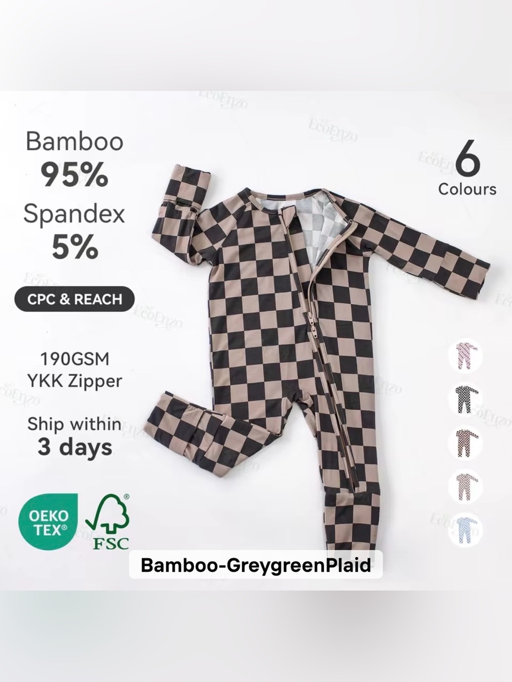 Kids Bamboo-Blend Grey-Green Plaid One-Piece Zipper Romper